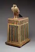 Falcon box with wrapped contents; 332–30&nbsp;BC; painted and gilded wood, linen, resin and feathers; 58.5 × 24.9&nbsp;cm; Metropolitan Museum of Art (New York City)