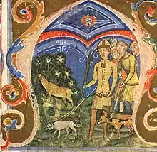 Four men, one of the leading three dogs, in pursuit of a deer