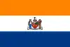 A flag with three equal horizontal stripes colored orange, white, and blue from top to bottom. In the center is the city seal (except for text and circular outline).