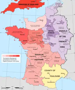 A coloured map of medieval France, showing the Angevin territories in the west, the royal French territories in the north-east, and the County of Toulouse in the south-east.