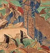 The courtiers in the foreground are wearing their hitoe off-the-shoulder, showing the kosode beneath.
