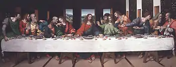 The Last Supper, c. 1520, by Giampietrino, oil on canvas, in the collection of the Royal Academy of Arts, London. This full-scale copy was the main source for the 1978–1998 restoration of the original. It includes several lost details such as Christ's feet and the salt cellar spilled by Judas. Giampietrino is thought to have worked closely with Leonardo when he was in Milan.