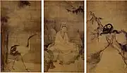 Muqi, Guanyin, Crane, and Gibbons, Southern Song (Chinese), 13th century, set of three hanging scrolls, ink and color on silk, height: 173.9–174.2&nbsp;cm (68.5–68.6&nbsp;in), collected in Daitokuji, Kyoto, Japan. Designated National Treasure.