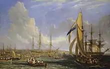 Oil painting of a three three-masted sailing ships seen from side against a background of cliffs, with many small boats filled with people in the foreground, and a larger single-masted boat in the right foreground.