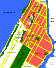 A map of Upper Manhattan with pink sections for Harlem
