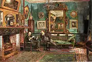 An artistic interior: Dante Gabriel Rossetti reading to Theodore Watts-Dunton in the drawing room at No. 16 Cheyne Walk, 1882