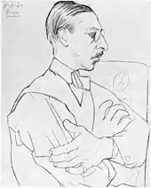 Pencil drawing of Stravinsky sitting sideways, arms crossed