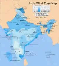India wind zone map. A map of India overlaid with zones of various shades of blue, each representing a region that experiences a similar level of windiness. The entire eastern littoral and the northern half of the country are shaded in relatively dark blues, signifying relatively windy prevailing conditions of between 30 and 50 metres per second. The darkest blue region is in the extreme north, beyond the Himalayas in Ladakh, on the Tibetan Plateau; there, sustained winds average over 50 metres per second. The inland central, south, and especially the southwestern portions are shaded in light blues: they are relatively windless, averaging less than 30 metres per second.
