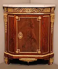 Parisian corner cabinet; by Jean Henri Riesener; 1780–1790; oak, mahogany, marble, and ormolu mounts; 94.3 × 81.3 × 55.9 cm; Art Institute of Chicago, US