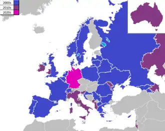 Map of countries in Europe, North Africa and Western Asia, with Australia as an insert in the top-right corner, coloured to indicate the decade in which they first participated in the contest: 2000s in blue, 2010s in violet, and 2020s in light purple.