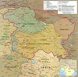 Map of Kashmir region. Maqpon Kingdom existed in north in Gilgit Baltistan