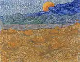  A squarish painting of a darkened wheatfield of stacks, with a river and mountains in the background under a rising full moon.