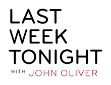 Graphic showing "Last Week Tonight" stacked in large black letters, and "with John Oliver" sitting below in smaller red text