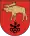 A coat of arms depicting a golden moose with large antlers and a protruding red tongue hovering over three black keys