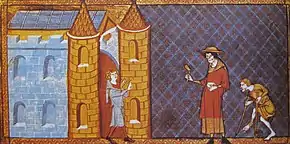 Two lepers denied entrance to town. Woodcut by Vincent of Beauvais, 14th century