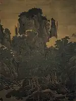 Li Tang (Chinese: 李唐; pinyin: Lǐ Táng; Wade–Giles: Li T'ang, 1050 – 1130), Wind in Pines Among a Myriad Valleys, Chinese: 萬壑松風圖, 1124, ink and color on silk, 188.7&nbsp;cm (74.2&nbsp;in); Width: 139.8&nbsp;cm (55&nbsp;in), collected by National Palace Museum, Taipei.