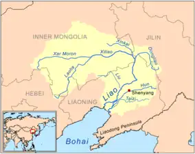 The Liao River is a much simpler example of a river basin with tributaries. The main tributaries noted on this map are the Hun River, Taizi River, Dongliao River, Xinkai River, Xiliao River, Xar Moron River and the Laoha River. The Xiliao River's tributaries are the Xar Moron and Laoha rivers.