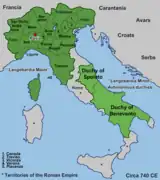 The Lombard Kingdom in 740, under King Liutprand.