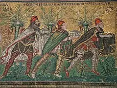 The "three wise men" with Phrygian caps to identify them as "orientals". 6th-century, Basilica of Sant'Apollinare Nuovo in Ravenna, Italy.