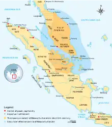 Map showing the extent of the Malacca Sultanate, covering much of the Malay Peninsula and some of Sumatra