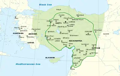 Map of the Hittite Empire at its greatest extent, with Hittite rule c. 1350–1300 BC represented by the green line
