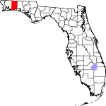 A state map highlighting Okaloosa County in the northwestern part of the state. It is medium in size and shaped like a narrow rectangle.