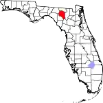 A state map highlighting Suwannee County in the corner part of the state. It is medium in size.