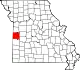 A state map highlighting Bates County in the western part of the state.