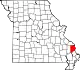 A state map highlighting Cape Girardeau County in the southeastern part of the state.