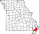 A state map highlighting New Madrid County in the southeastern part of the state.