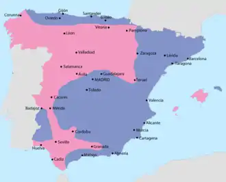 Map of Spain depicting the areas of Nationalist/Franco control along its west and Republican (communist/anarchist) control along its east