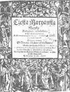A Czech example of Fraktur: Title page of Česká mariánská muzika by Adam Václav Michna z Otradovic (1647) ("Cżeská maryánska muzyka" by old orthography)