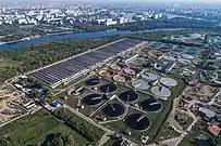 Aerial photo of Kuryanovo activated sludge sewage treatment plant in Moscow, Russia.