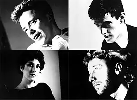 Promotional images of New Order in 1985; clockwise from top left: Bernard Sumner, Steven Morris, Peter Hook, Gillian Gilbert