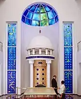 The stained glass windows and dome flanking the Torah ark of the Holocaust Memorial Synagogue, Darmstadt, designed by artist Brian Clarke
