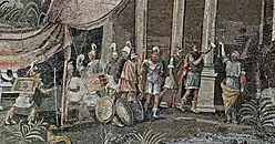 Hellenistic soldiers circa 100 BCE, Ptolemaic Kingdom, Egypt; detail of the Nile mosaic of Palestrina.