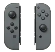 The gray Joy-Con (L) and Joy-Con (R) controllers. The inside rails slot onto the side of the main Switch console or grip controller.