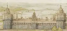 watercolour of long building flanked by two large cylindrical towers with a clock on a smaller central tower