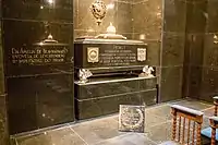 The graves of Emperor Pedro I of Brazil (also King of Portugal as Pedro IV) and his two wives Maria Leopoldina (not pictured, facing his grave) and Amélie (left), in the Monument to the Independence of Brazil, are made of green granite. The walls as well as the floor are clad with the same material.
