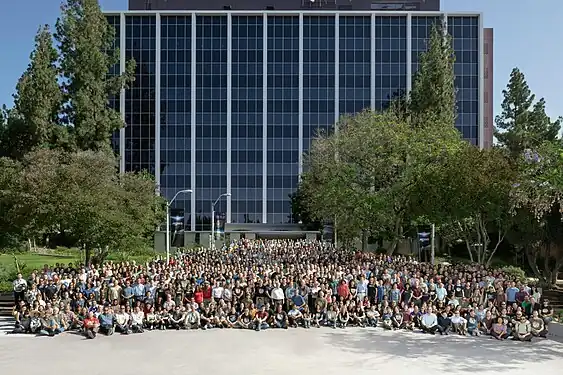 Mars Perseverance rover team in front of JPL's administration building}}