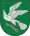 A coat of arms depicting a grey bird with a golden eye and wings outstretched holding a golden key all on a green background