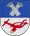 A coat of arms depicting two grey sheaves of wheat on a blue background at the top and a red plowshare on a grey background at the bottom