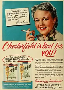 Peggy Lee, famous for her sultry singing voice, featured in a cigarette ad in 1953
