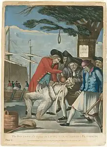 In the foreground, five leering men of the Sons of Liberty are holding down a Loyalist Commissioner of Customs agent, one holding a club. The agent is tarred and feathered, and they are pouring scalding hot tea down his throat. In the middle ground is the Boston Liberty Tree with a noose hanging from it. In the background, is a merchant ship with protestors throwing tea overboard into the harbor.