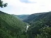 A creek in a long deep gorge between green wooded mountains under a partly cloudy sky