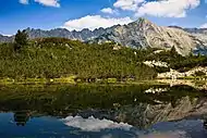 One of the Valyavishki Lakes and Gazey Summit, Pirin Mountain, Bulgaria