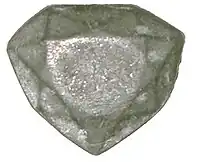 Lead cast of the "French Blue" diamond, discovered in 2007 at the National Museum of Natural History (France) by Farges (ca. 31&nbsp;mm ×&nbsp;26&nbsp;mm (1.2&nbsp;in ×&nbsp;1.0&nbsp;in))