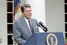 Ronald Reagan speaks to the press in the Rose Garden about the Professional Air Traffic Controllers Organization strike.