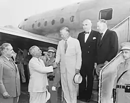 Secretary of State George Marshall greeted by President Harry S. Truman at Washington National Airport. August 13, 1947.