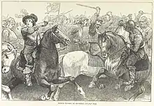 Black and white illustration of a scene of a battle.